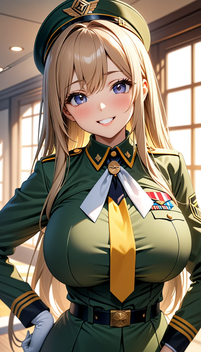 (Highest quality、Masterpiece、Very detailed、4K)、One woman、Big Breasts、17 years old、uniform、((Confident々))、smile