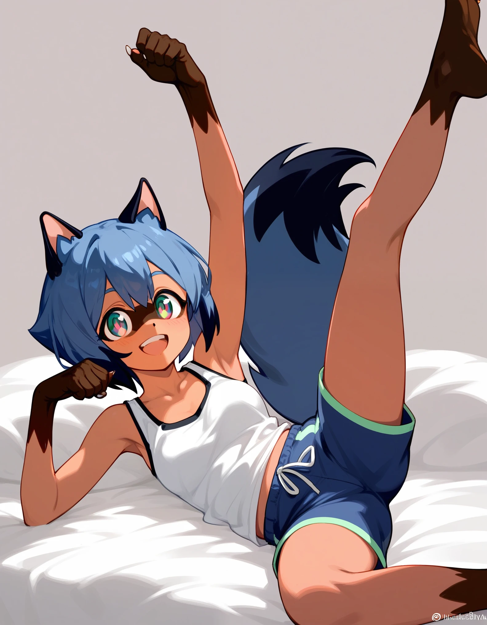 score_9,score_8_up,score_7_up, source_furry, Michiru kagemori from bna, tall body, hourglass figure, happy smile, white tank top, blue shirt shorts, barefoot, 5 toes, toe claws, lying on a bed, relaxed pose, simple background