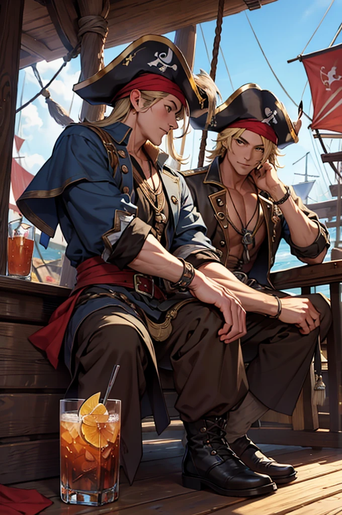 On the pirate ship　Men　Drinking and exchanging drinks