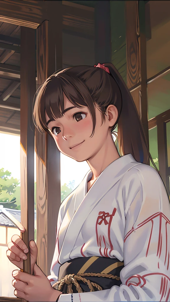 highest quality、Realistic、female、大人のfemale性、zoom、Chestnut Hair、Brown Eyes、ponytail、White yukata、From below、smile、Looking down、、Small breasts、Bust Shot、