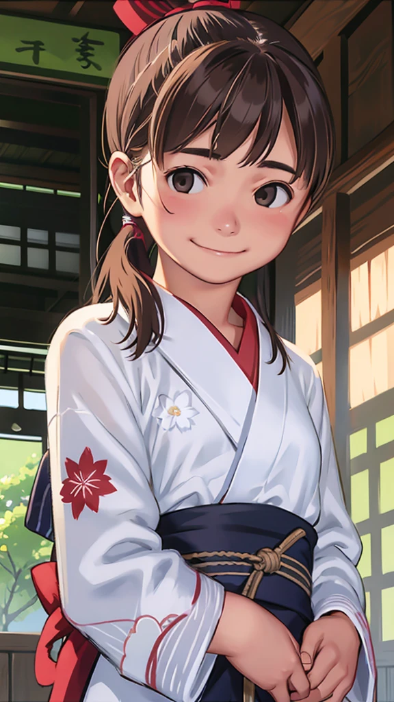 highest quality、Realistic、female、大人のfemale性、zoom、Chestnut Hair、Brown Eyes、ponytail、White yukata、From below、smile、Looking down、、Small breasts、Bust Shot、　