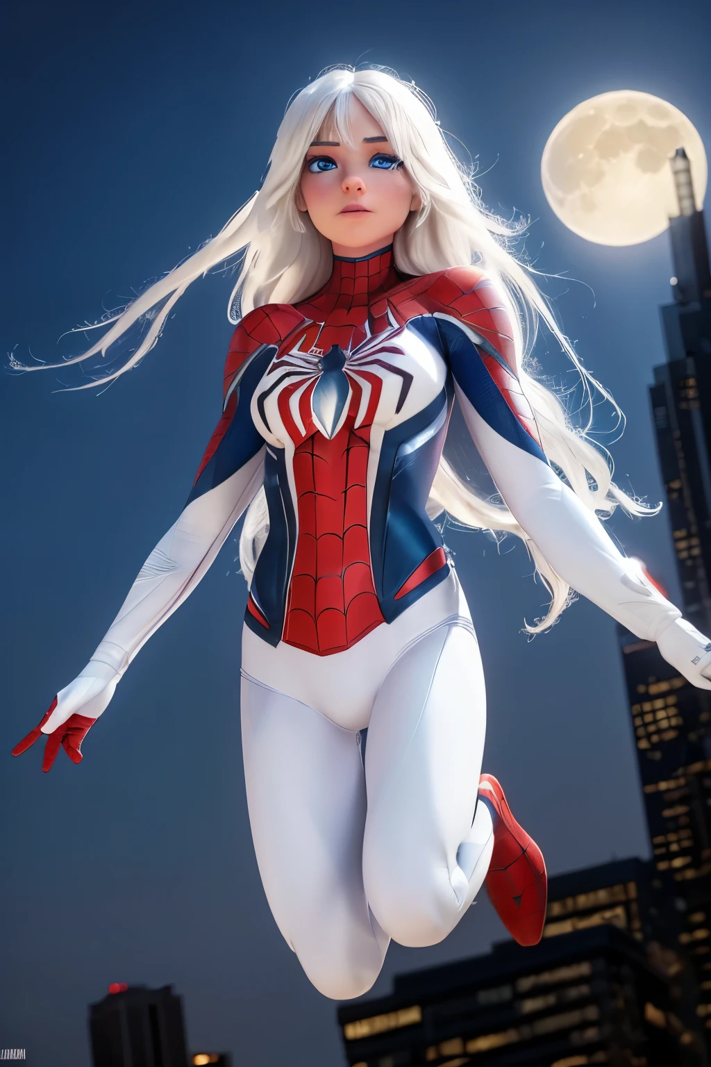 (Masterpiece, 4k resolution, ultra-realistic, very detailed), (White superhero theme, charismatic, there's a women on top of town, wearing Spider-Man costume, she's a superhero), (long white hair:1.2), full body, (blue eyes:1.2), ((Spider-Man pose),show of strength, jumping from one building to another), ((sandy urban environment):0.8)| (cityscape, at night, dynamic lights), (full moon))] # Explanation: The Prompt mainly describes a 4K painting of ultra-high definition, very realistic, very detailed. It shows a superheroine at the top of the city, wearing a Spider-Man costume. The theme in the painting is a white superhero theme, the female protagonist has long white hair, her entire body is shown in the painting. In terms of portraying the actions of superheroines, spiders are employed