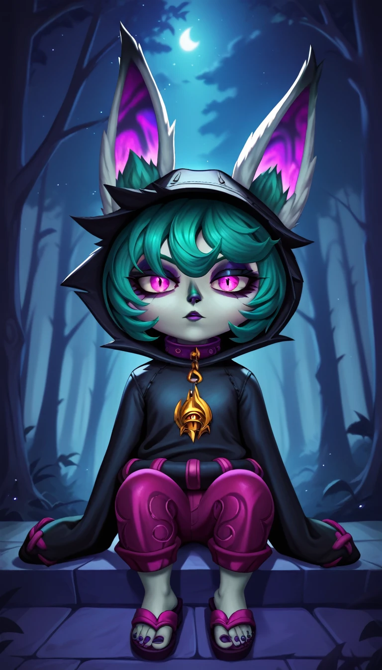 masterpiece,(best quality,top quality,8k),ultra detailed,painting,detailed eyes and face,(1girl),VexLoLXL, yordle, shortstack, pink eyes, green hair, bangs, short hair, grey skin, colored skin, black hood, hood up, ears through headwear, white animal ears, black shirt, purple collar, golden ornament, long sleeves, sleeves past wrists, purple pants, sandals,sitting, looking at viewer, forest,night