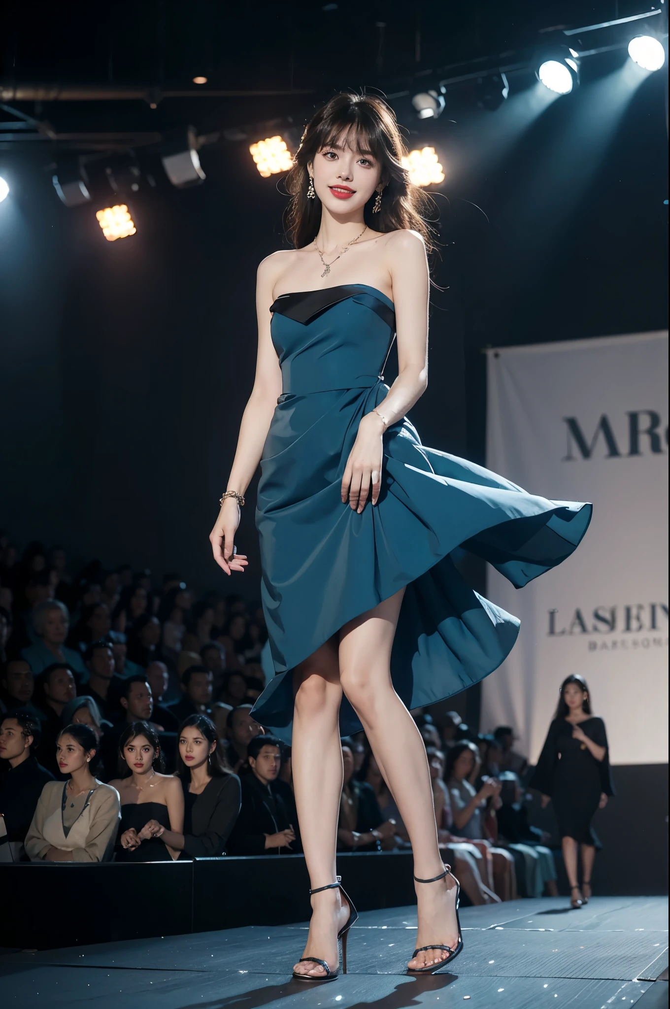 1girl,bangs,bare shoulders,necklace,strapless blue Evening Dress,detailed background,detailed eyes,brown hair,earrings,full body,jewelry,slim,flat chest,messy hair,looking at viewer,makeup,night scene,red lips,signature,laughing,solo,standing,slender legs,high heels,On the T-stage,catwalk,fashion show,Surrounded by crowded crowds on both sides of the stage,neon lights