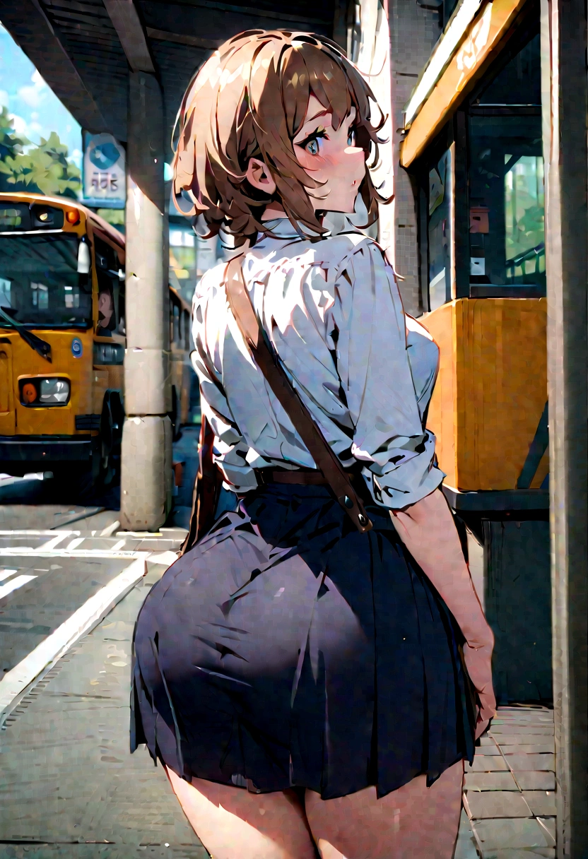 Big , femboy, skirt, bus station, 