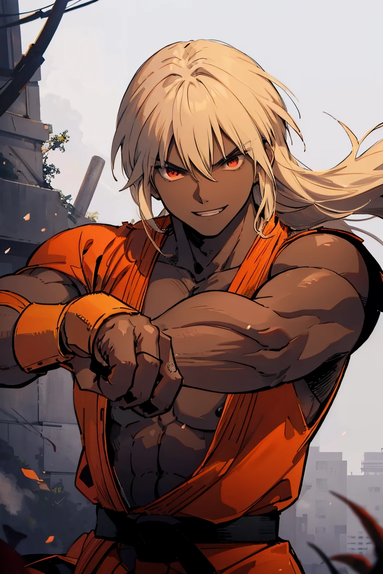 dark skin, kenalpha, 1boy, male focus, orange hair, long hair, muscular, gloves, fingerless gloves, pectorals, martial arts belt, kimono, red eyes, evil smile, villain smile, dark-skinned skin, red aura around the body, original, (masterpiece), (illustration), (extremely fine and beautiful), perfect detailed, photorealistic, (beautiful and clear background:1.25), (depth of field:0.7), 