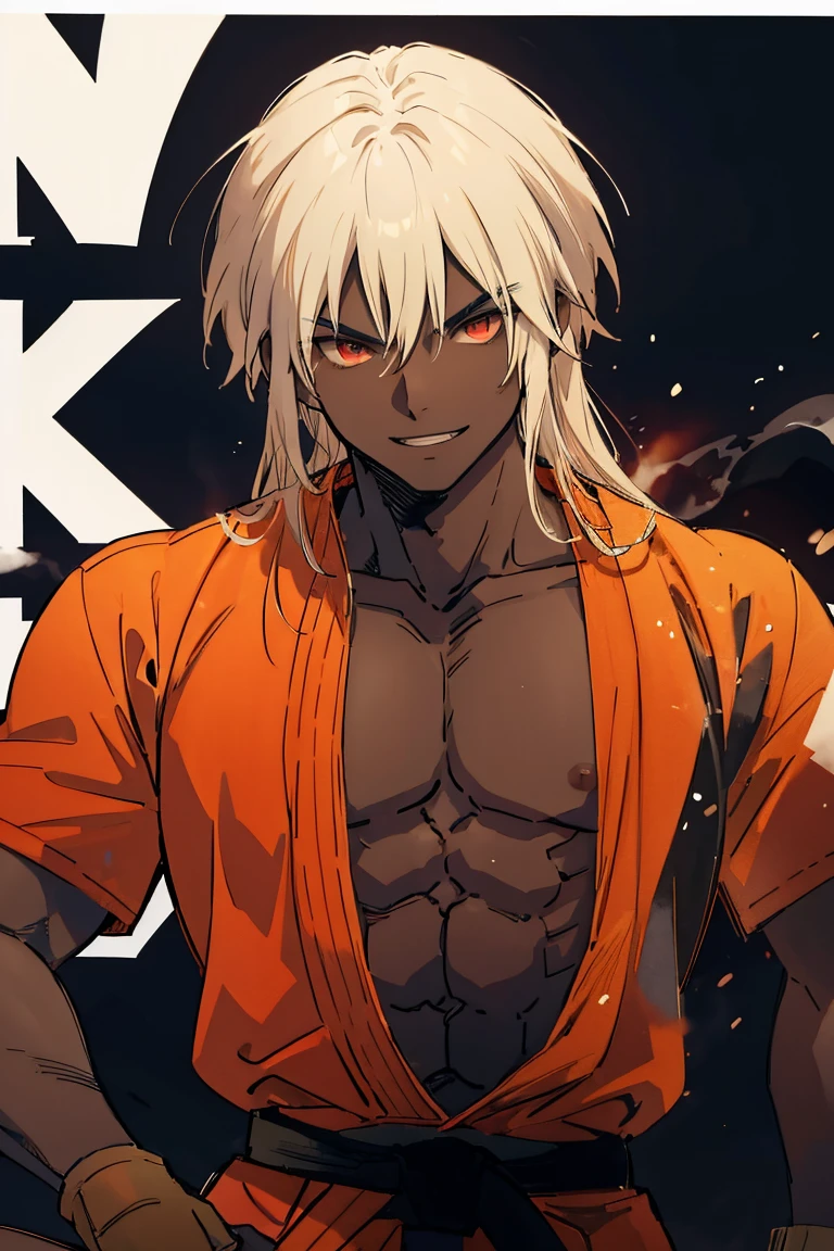 dark skin, kenalpha, 1boy, male focus, orange hair, long hair, muscular, gloves, fingerless gloves, pectorals, martial arts belt, kimono, red eyes, evil smile, villain smile, dark-skinned skin, red aura around the body, original, (masterpiece), (illustration), (extremely fine and beautiful), perfect detailed, photorealistic, (beautiful and clear background:1.25), (depth of field:0.7), 