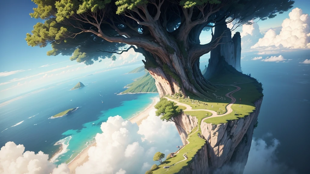 a close up of a tree on a cliff with a sky background, flying island in the sky, floating and flying island, an island floating in the air, floating island in the sky, flying island, floating mountains, island floating in the sky, anime nature, amazing wallpaper, epic matte painting of an island, made of tree and fantasy valley, floating island