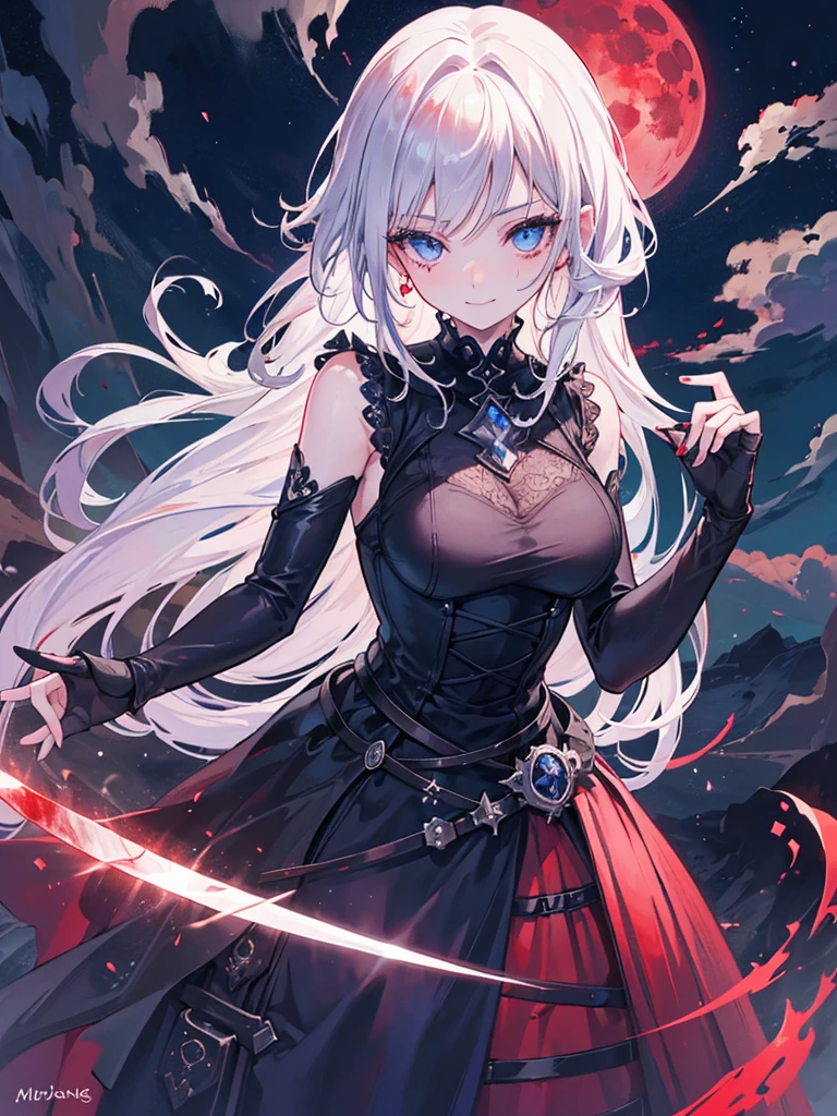 a girl, ((detailed eyes, detailed face, detailed body)), lightning eyes, (embarrassed:1, smile,1), full body, Gothic dress,
midnight, lost technology, ancient scape, blood moon, Moonglow, legendary sword, mist, smoke, glowed orb, bloodstream,
