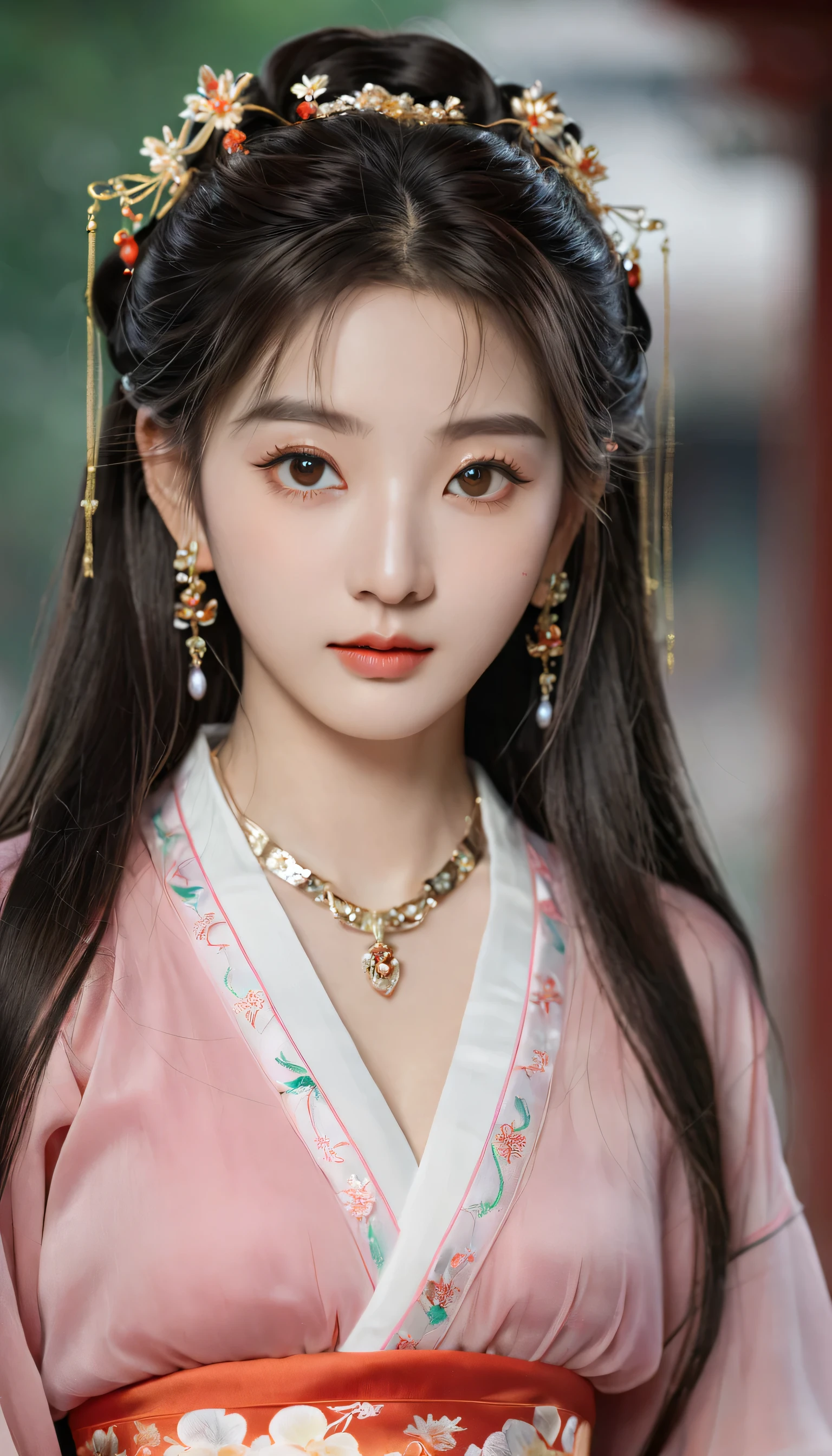 (photorealistic, best quality, ultra high res, extremely detailed eyes and face:1.3),1girl, solo,full body,skirt,jewelry,long_hair,necklace,earrings,perfect body,standing,large breasts,looking at viewer,chinese clothes,china dress,hanfu,