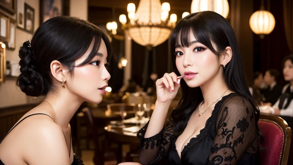 ・Cabaret club in Bukicho ・Japanese woman in her 20s ・Wearing a gorgeous dress ・Serving customers while sitting on a chair ・Luxurious atmosphere inside the store ・Large black eyes and long eyelashes、Small nose and mouth、Plump Cheeks

