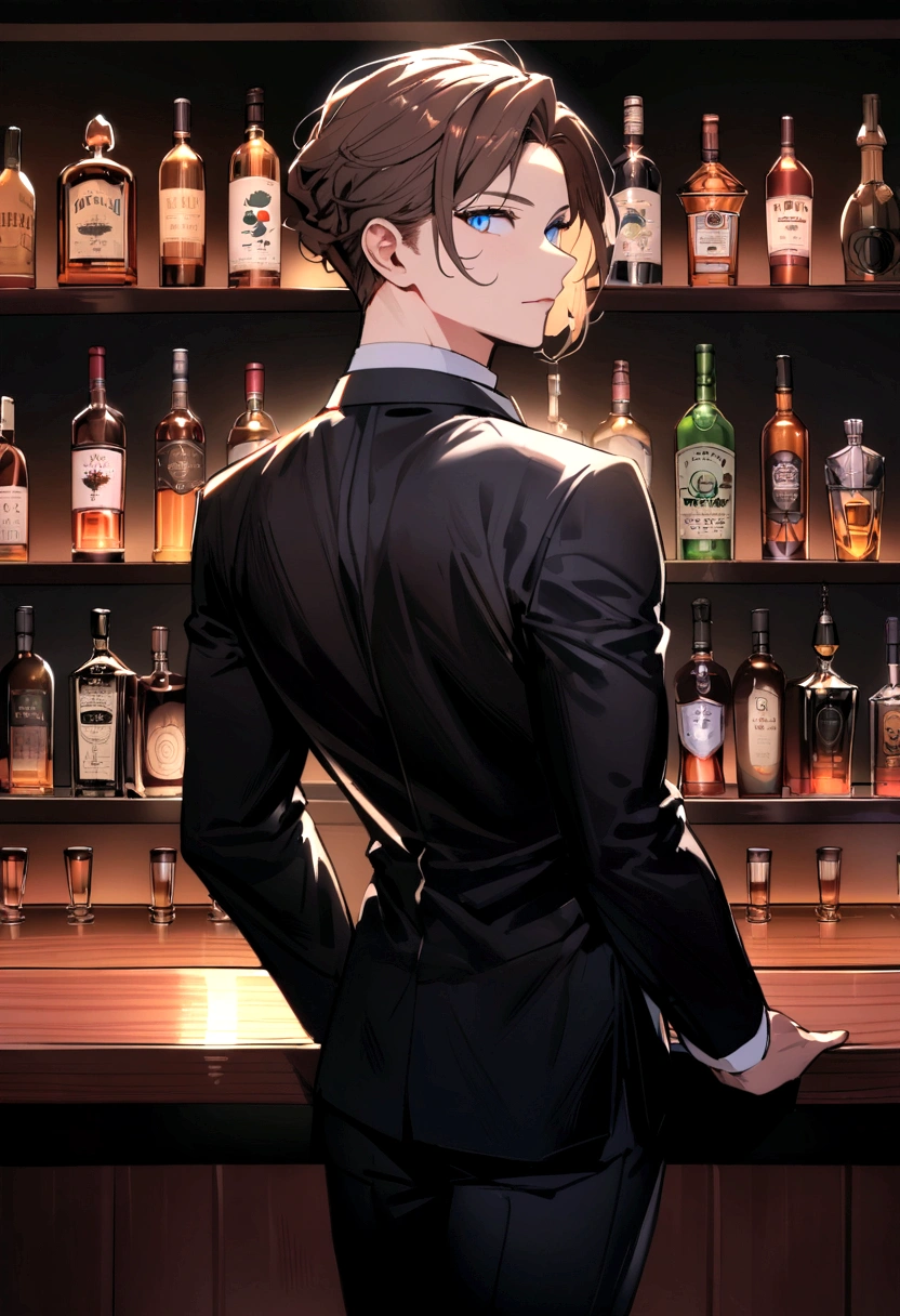 (Highest quality)(1 man,single,brown hair,blue eyes,fit ,Black suit shirt,black pants,Turn to look at the viewer,standing in a bar,Beautiful lighting.(Bar owner, see liquor, Detailed background (little light pollution)) look back