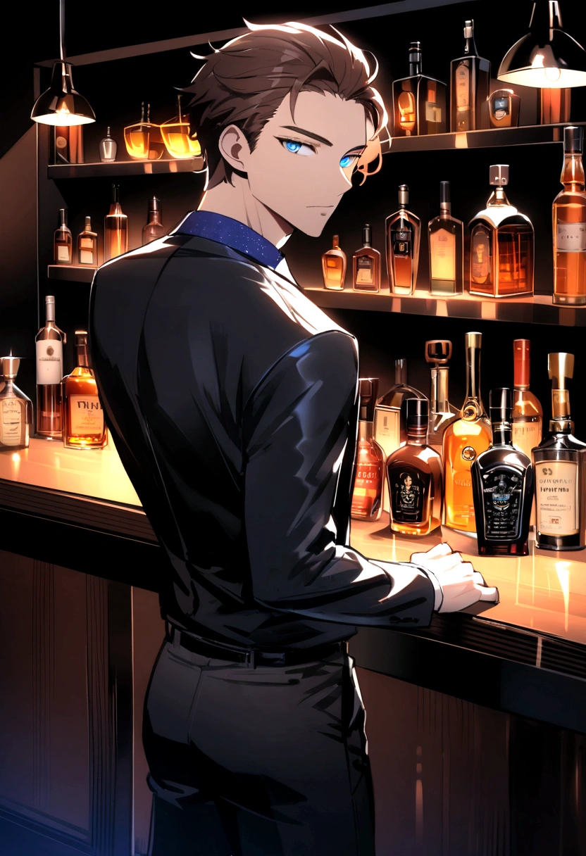 (Highest quality)(1 man,single,brown hair,blue eyes,fit ,Black suit shirt,black pants,Turn to look at the viewer,standing in a bar,Beautiful lighting.(Bar owner, see liquor, Detailed background (little light pollution)) look back