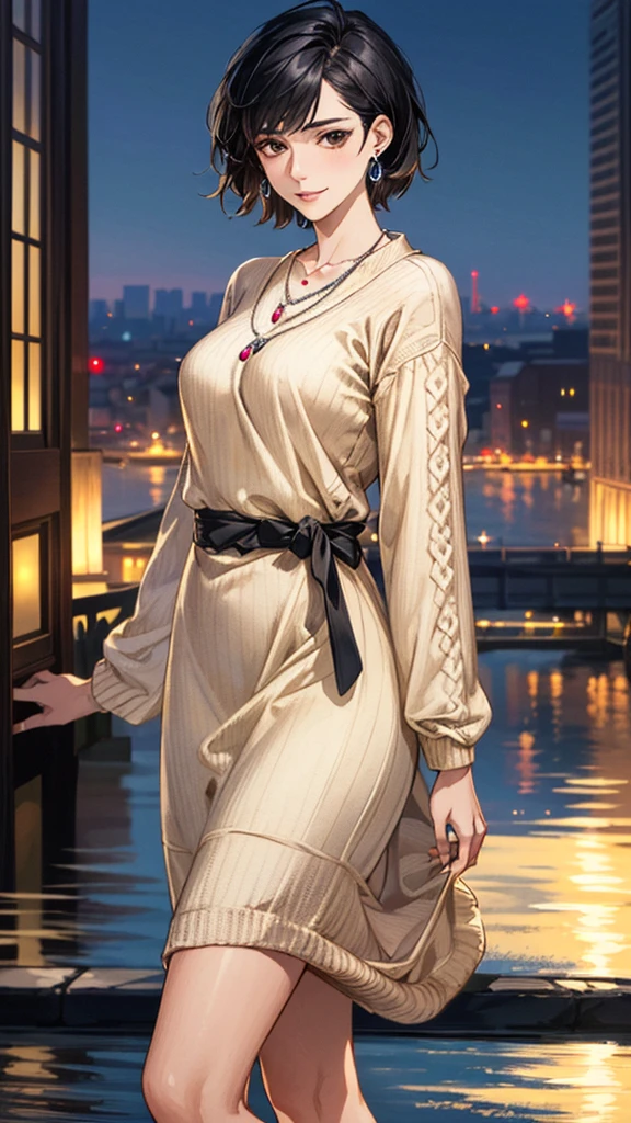 (masterpiece:1.3, Highest quality, Ultra-high resolution, Super detailed), (Realistic, photoRealistic:1.4), Beautiful illustrations, Perfect lighting, colorful, Depth of written boundary, Beautiful detailed hair, Beautifully detailed face, Beautiful fine details, Droopy eyes、Beautiful clavicle, Beautiful body, 美しいLarge Breasts, Beautiful thighs, Beautiful feet, Beautiful fingers, View Viewer、Front view:0.6, Beauty1人, Japanese, Beauty、30 years old, Perfect Face, (Perfect Anatomy, Anatomically correct), Cute and symmetrical face, Baby Face, , Shiny skin, (with thin belt、Beige long sleeve knit dress:1.4) (Black Hair, Short Hair:1.4), Dark brown eyes, Large Breasts, Slim body, necklace, Small earrings:1.1, (Beautiful views), (night), (city, cityscape in the distance), Riverside、Are standing, A soft smile、(Smile, Lips parted),