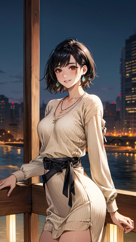 (masterpiece:1.3, Highest quality, Ultra-high resolution, Super detailed), (Realistic, photoRealistic:1.4), Beautiful illustrations, Perfect lighting, colorful, Depth of written boundary, Beautiful detailed hair, Beautifully detailed face, Beautiful fine details, Droopy eyes、Beautiful clavicle, Beautiful body, 美しいLarge Breasts, Beautiful thighs, Beautiful feet, Beautiful fingers, View Viewer、Front view:0.6, Beauty1人, Japanese, Beauty、30 years old, Perfect Face, (Perfect Anatomy, Anatomically correct), Cute and symmetrical face, Baby Face, , Shiny skin, (with thin belt、Beige long sleeve knit dress:1.4) (Black Hair, Short Hair:1.4), Dark brown eyes, Large Breasts, Slim body, necklace, Small earrings:1.1, (Beautiful views), (night), (city, cityscape in the distance), Riverside、Are standing, A soft smile、(Smile, Lips parted),