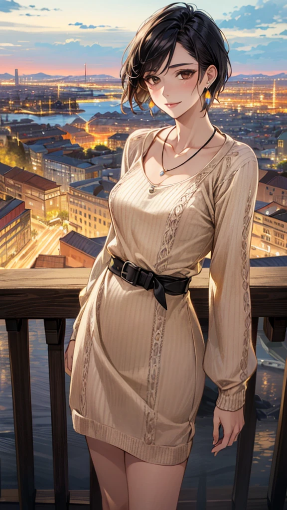 (masterpiece:1.3, Highest quality, Ultra-high resolution, Super detailed), (Realistic, photoRealistic:1.4), Beautiful illustrations, Perfect lighting, colorful, Depth of written boundary, Beautiful detailed hair, Beautifully detailed face, Beautiful fine details, Droopy eyes、Beautiful clavicle, Beautiful body, 美しいLarge Breasts, Beautiful thighs, Beautiful feet, Beautiful fingers, View Viewer、Front view:0.6, Beauty1人, Japanese, Beauty、30 years old, Perfect Face, (Perfect Anatomy, Anatomically correct), Cute and symmetrical face, Baby Face, , Shiny skin, (with thin belt、Beige long sleeve knit dress:1.4) (Black Hair, Short Hair:1.4), Dark brown eyes, Large Breasts, Slim body, necklace, Small earrings:1.1, (Beautiful views), (night), (city, cityscape in the distance), Riverside、Are standing, A soft smile、(Smile, Lips parted),