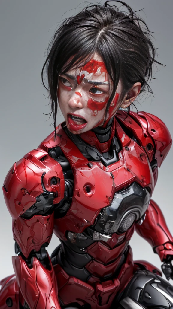 Rough skin, Very detailed, Advanced Details, high quality, 最high quality, High resolution, 1080p 、Bleeding from wounds in tight-fitting headgear、Red Armor、Wearing red and black、cute((Serious damage to the whole body))(Wearing a damaged female robot suit...)(Red Armor)(Broken Armor)Black Hair、Short Hair、Soaking wet、Open your mouth、Sweaty face、It hurts again、cute、knock down、Droolinging from the mouth、Female college student (Steam coming out of the face) ((Steam from the body)) Sit on a chair Touching the vagina Drooling look up suffering Filming locations Ahegao Full body portrait