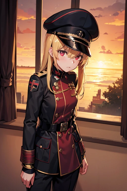German-style military uniform,world war 2，army suit，Deutsche，German Third Reich，Commander，Generals，luminous red eyes，youjo senki anime，anime style like fate/stay night，solo person, young girl, tanya degerchaft person, blonde hair，hair straight，Long, waist-length hair，8K，military
