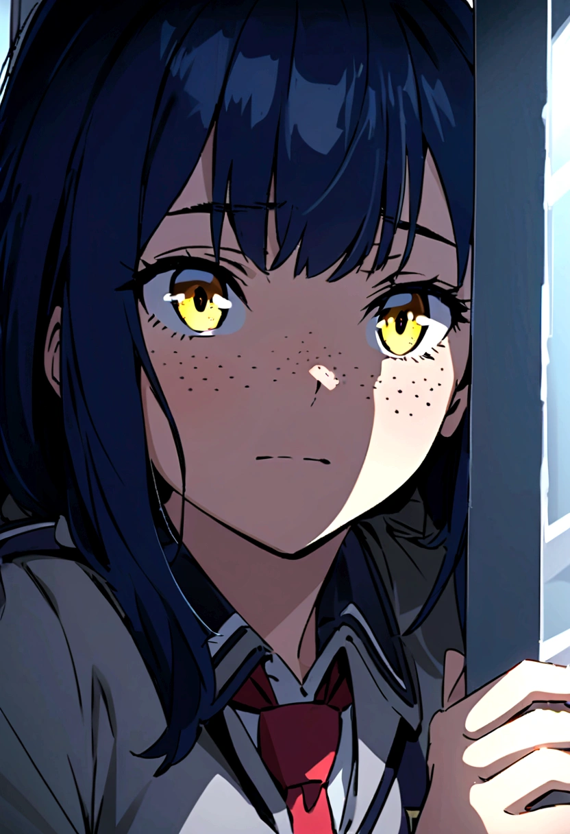 screenshot of my hero academy. girl with long black and blue hair, intense yellow eyes, freckles on her face, she is wearing the UA uniform, gray jacket and red tie, she is sitting looking towards a window in a school environment.