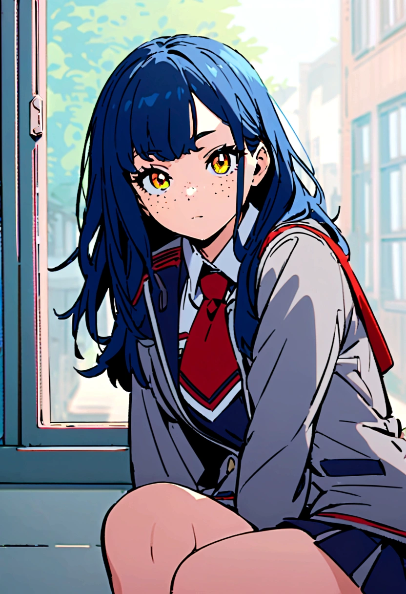 screenshot of my hero academy. girl with long black and blue hair, intense yellow eyes, freckles on her face, she is wearing the UA uniform, gray jacket and red tie, she is sitting looking towards a window in a school environment.