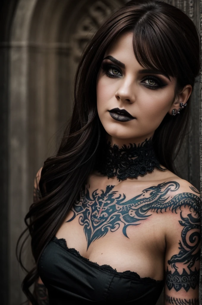 gothic girl, con pechos grandes y trasero prominente. Ojos negros con maquillaje vampiro, Below shoulder length brown hair and dragon tattoos on her arms