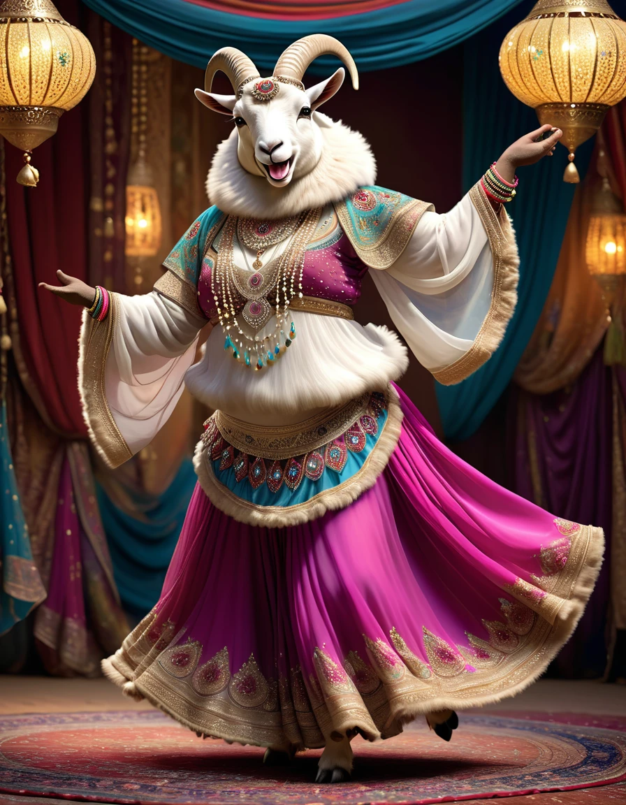 photorealistic portrait of Dressed animals - a ((fat)) (goat) dancer,(furry), (dynamic dancing:2.0), (swinging arms :2.0),(happy smile:1.2),high quality,(happy),(lovely) ,intricate details, (sheer veil), highly detailed (( gypsy belly dancing clothes)) ,highly detailed decorations of clothes, Wearing gypsy belly dancing clothes, , (happy), soft lighting,(full body image:1.5),Arabian palace background,(viewed from side:2.0),