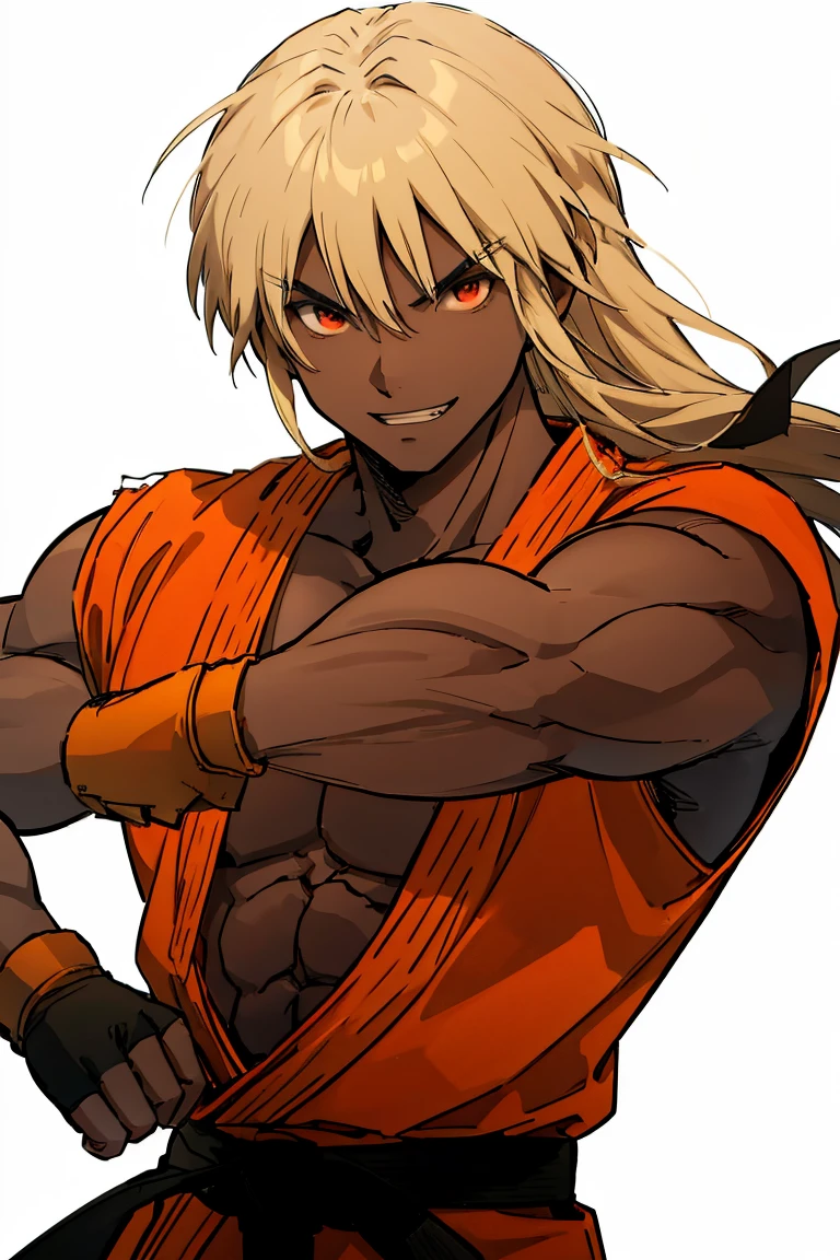 dark skin, kenalpha, 1boy, male focus, orange hair, long hair, muscular, gloves, fingerless gloves, pectorals, martial arts belt, kimono, red eyes, evil smile, villain smile, dark-skinned skin, red aura around the body, original, (masterpiece), (illustration), (extremely fine and beautiful), perfect detailed, photorealistic, (beautiful and clear background:1.25), (depth of field:0.7), 