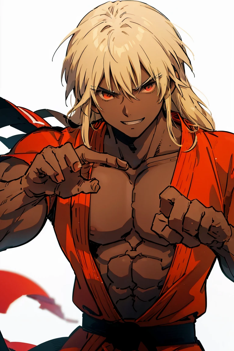 dark skin, kenalpha, 1boy, male focus, orange hair, long hair, muscular, gloves, fingerless gloves, pectorals, martial arts belt, kimono, red eyes, evil smile, villain smile, dark-skinned skin, red aura around the body, original, (masterpiece), (illustration), (extremely fine and beautiful), perfect detailed, photorealistic, (beautiful and clear background:1.25), (depth of field:0.7), 