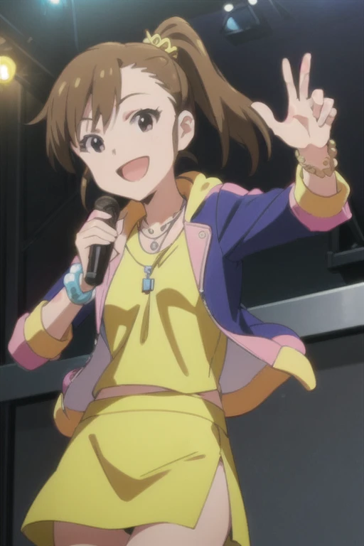 (((pixel-perfect, detail-perfect))), solo, 1girl, mami futami, jacket yellow, long skirt, purple skirt, bracelet, necklace, smile, looking at viewer, :d, live stage