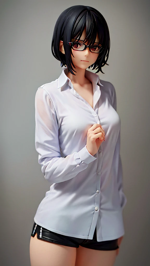 A woman with short black hair, wearing glasses, not smiling, and wearing a small clip.
