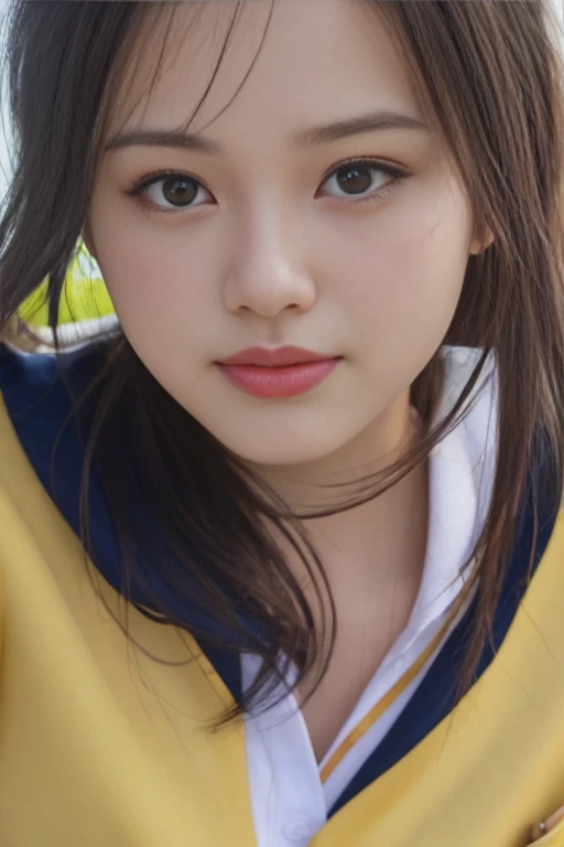 detailed and realistic portrait of a girl with a clean face), (round eyes and long flutters hair shot outside),staring at camera,magical photography, with dramatic lighting, photo realism, Ultra-detailed, well-endowed round bosom, (centered image composition), (close up shot:1.6),Best Quality,f/1. 8, 85mm, (18-year-old Asian female), black_heads,(black_eyes:1.2),(bangss),makeups,white_one-piece, (hazy blue_sky_Background with), ((full body shooting)), (Yellow Blazer, bows, Sneakers, Black stockings, High School Uniform: 1.2, )