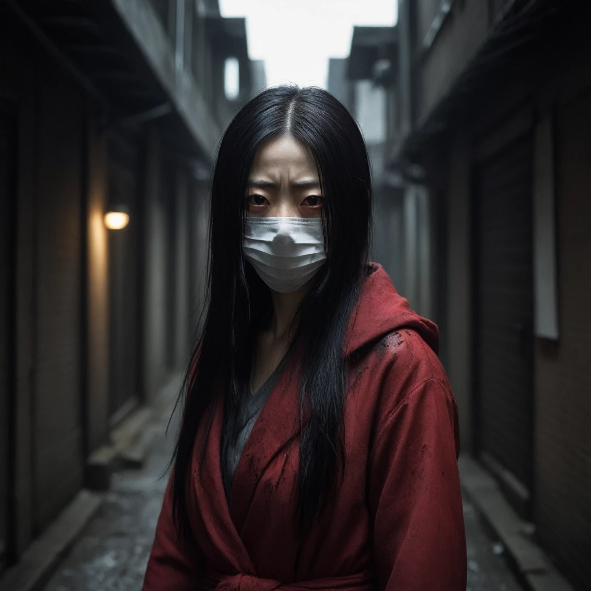 口裂け女の超リアルな描写 (Slit-mouthed woman), 日本発の都市伝説. 彼女は長い間, 真っ黒な髪で外科用マスクを着用している -  SeaArt AI