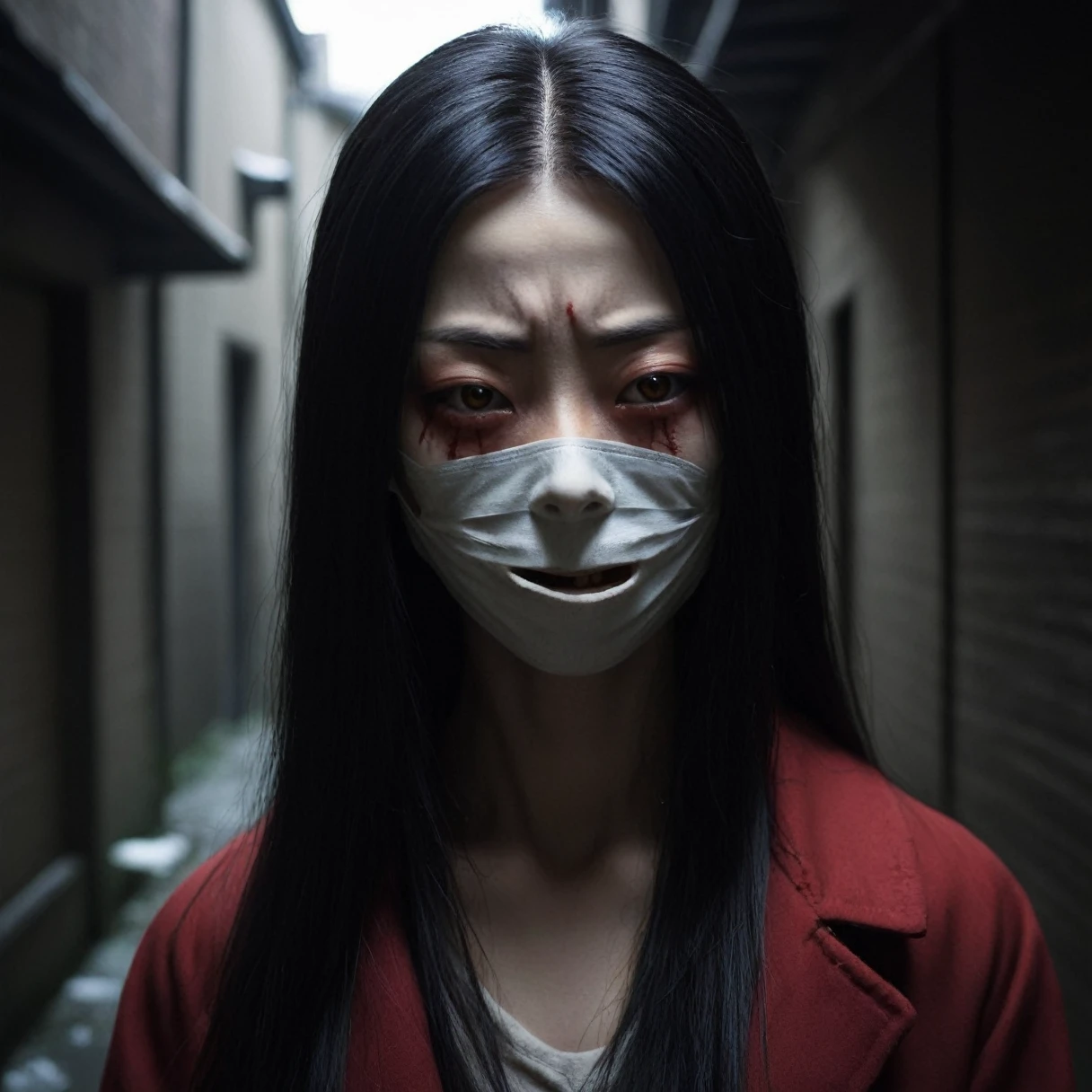 A hyper-realistic depiction of the Kuchisake-onna (Slit-Mouthed Woman), an urban legend from Japan. She has long, straight black hair and is wearing a surgical mask. Her eyes are haunting and piercing, filled with a sinister gleam. The mask is slightly pulled down, revealing the grotesque, jagged scar that stretches from ear to ear. Her skin is pale, almost ghostly, contrasting with the dark, eerie atmosphere around her. The background is a dimly lit, narrow alleyway with shadows and flickering streetlights, adding to the horror and suspense. She wears a red coat, tattered and worn, with a knife in her hand, glinting ominously. The overall mood is chilling and foreboding, capturing the essence of this terrifying legend.