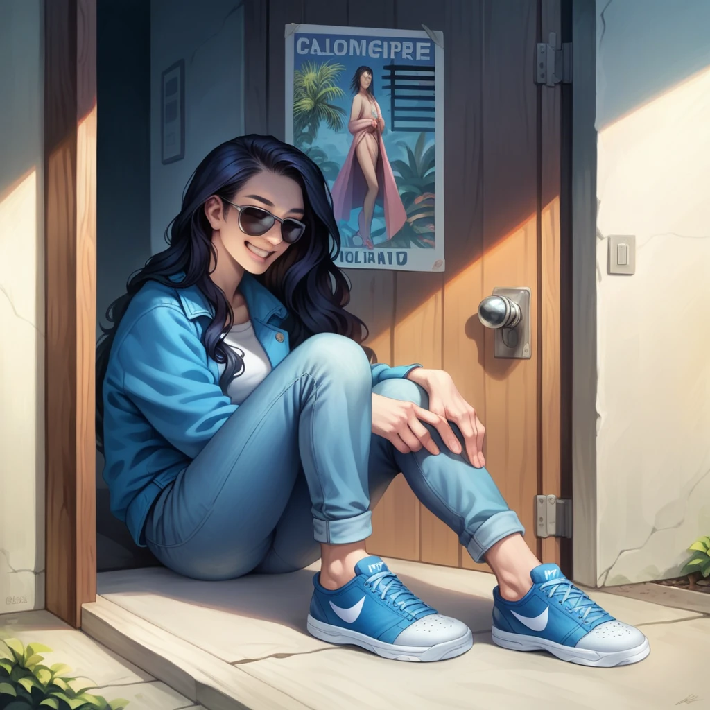 Realistic Photography of a beautiful woman from korea, long flowing hair, calm and smiling face, sunglasses, trendy blue jacket, jeans, blue nike shoes, sitting attractive style on the open door of a glossy blue mitsubishi lancer car with beautiful Japanese art decals, background of a small Tokyo street in the afternoon, masterpiece, realistic, cinematic, movie poster, 64K.