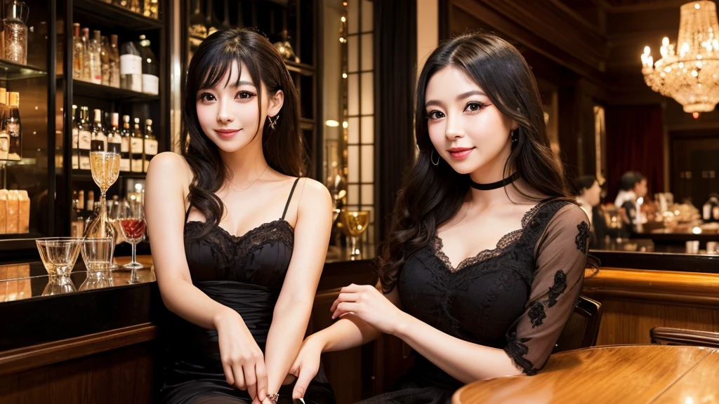 ・Cabaret club in Bukicho ・Japanese woman in her 20s ・Wearing a gorgeous dress ・Serving customers while sitting on a chair ・Luxurious atmosphere inside the store ・Large black eyes and long eyelashes、Small nose and mouth、Plump Cheeks
