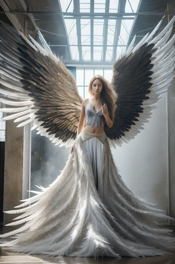 1girl,long hair,long_skirt,indoor,luxray,angel,wings,feathers,masterpiece,best quality,