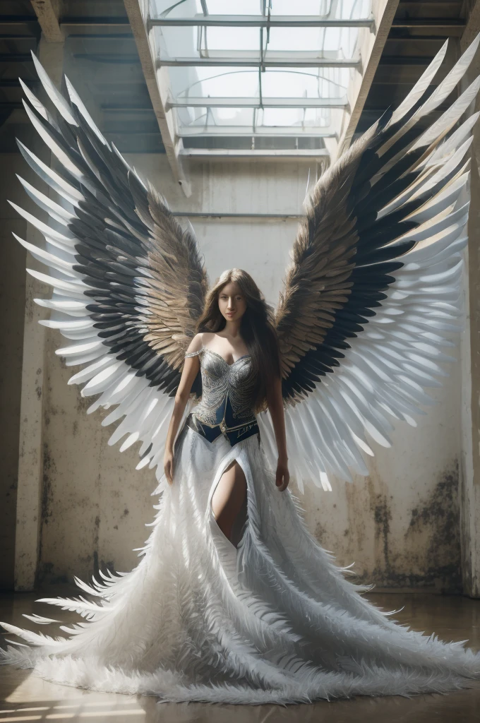1girl,long hair,long_skirt,indoor,luxray,angel,wings,feathers,masterpiece,best quality,