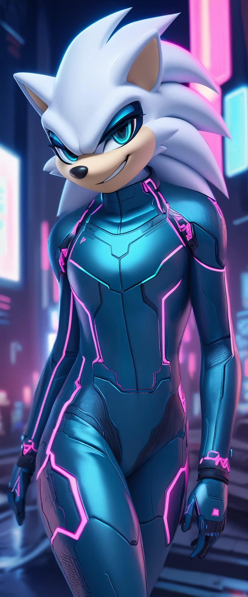 (((masterpiece:1.5, 4K, 8K))), a (((full body))) high quality digitally drawn rendered image ((by SEGA)) of A solo male anthro ((silver—white hedgehog)), with glowing blue eyes, ((metallic blue eyeliner:1.5)), (((tan muzzle))), wearing a (((sci-fi bodysuit))) stands in a neon-lit cyberpunk city The android's bodysuit is adorned with (((teal coloring:1.5))) with (((neon pink accents))), and intricate android seams, creating a futuristic look. the android has a seductive smirk on his face