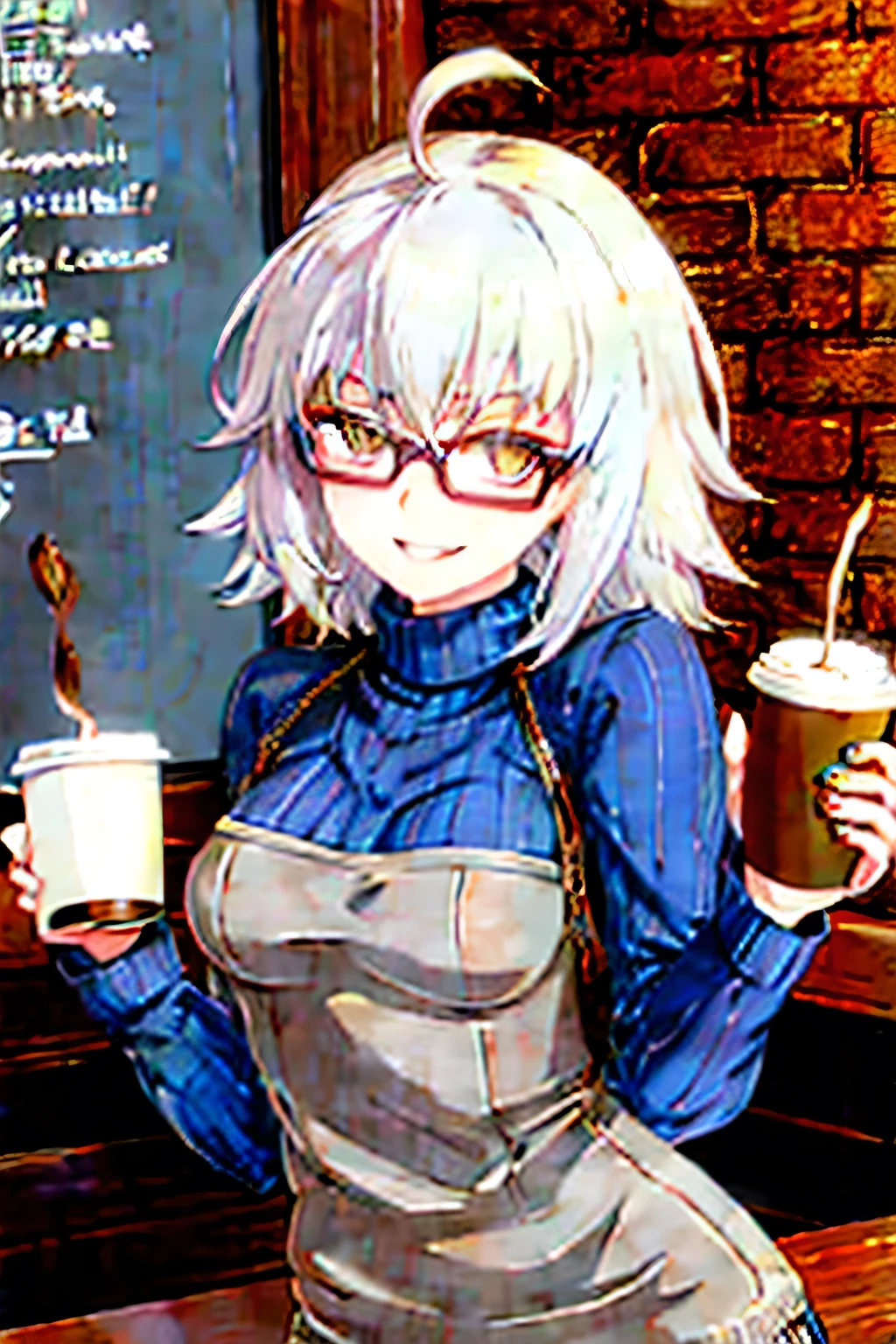 Sweater, Coffee shop, Smile, Heavy breathing, Glasses, Small