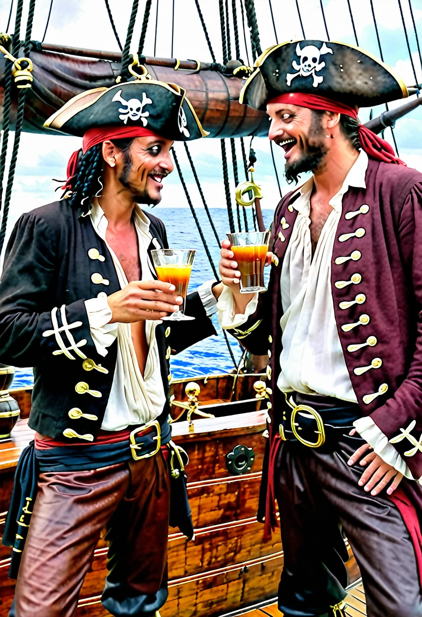 On the pirate ship　Men　Drinking and exchanging drinks