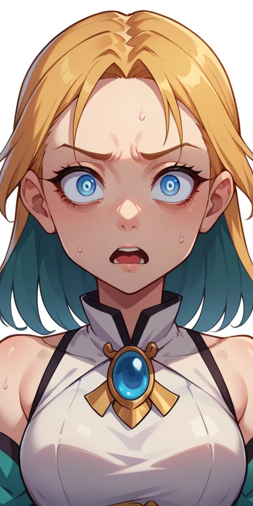 score_9, score_8_up, source_anime, 1girl, solo BREAK, upper body, wide open mouth, expressionless, simple background, happy, face focus, looking to the viewer, worried, blank eyes, narrow pupils, awkward, (cold sweat:0.7), (disgusted:0.7), 
 googlechrome, 1girl, detached sleeves, sleeveless, bare shoulders, jacket, brooch, multicolored eyes, personification, looking at viewer, upper body,