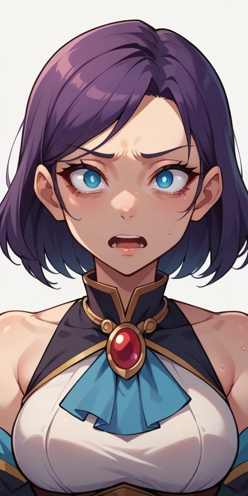 score_9, score_8_up, source_anime, 1girl, solo BREAK, upper body, wide open mouth, expressionless, simple background, happy, face focus, looking to the viewer, worried, blank eyes, narrow pupils, awkward, (cold sweat:0.7), (disgusted:0.7), 
 googlechrome, 1girl, detached sleeves, sleeveless, bare shoulders, jacket, brooch, multicolored eyes, personification, looking at viewer, upper body,