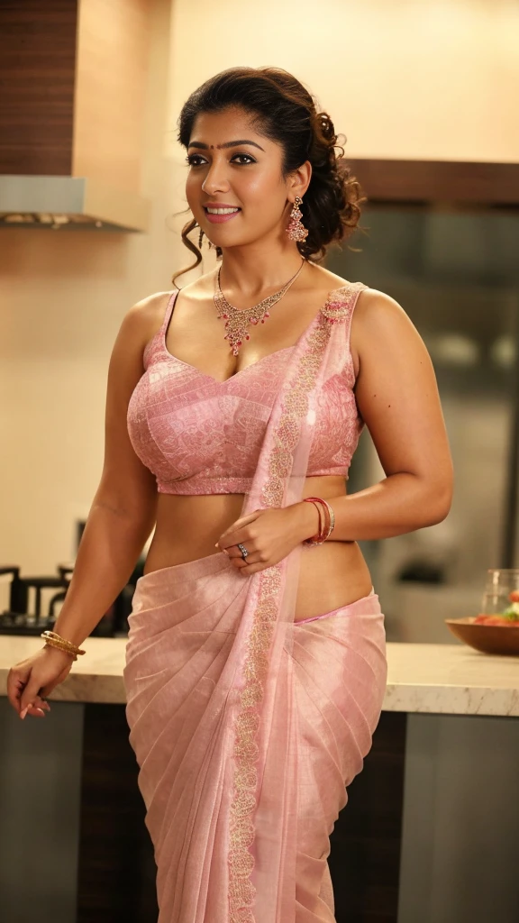 from bottom view, extreme close up photo of back of nayanthara with cotton pink lace saree, big cheeks, curvy, hourglass figure, swooping breasts, deep cleavage, open arms, sexy armpits, holding vessel and standing with wide open spread legs in kitchen, necklace, (cinematic:1.3), intricate details, (ArtStation:1.2)