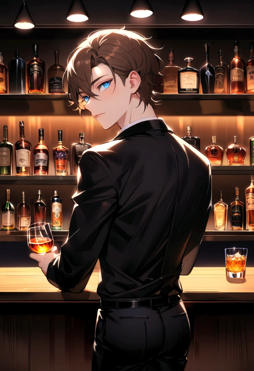 (Highest quality)(1 male teenager,single,brown hair,blue eyes,fit ,Black suit shirt,black pants,Turn to look at the viewer,standing in a bar,Beautiful lighting.(Bar owner, see liquor, Detailed background (little light pollution)) look back