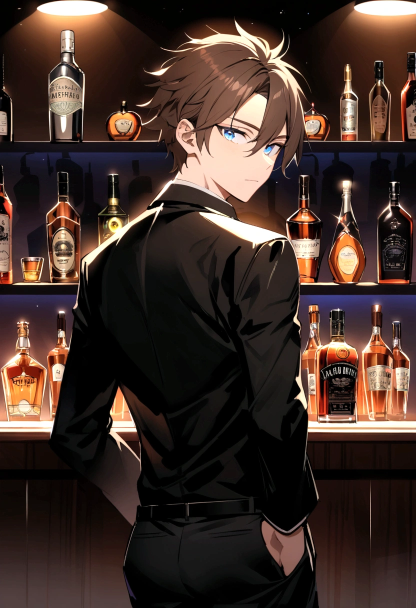 (Highest quality)(1 male teenager,single,brown hair,blue eyes,fit ,Black suit shirt,black pants,Turn to look at the viewer,standing in a bar,Beautiful lighting.(Bar owner, see liquor, Detailed background (little light pollution)) look back