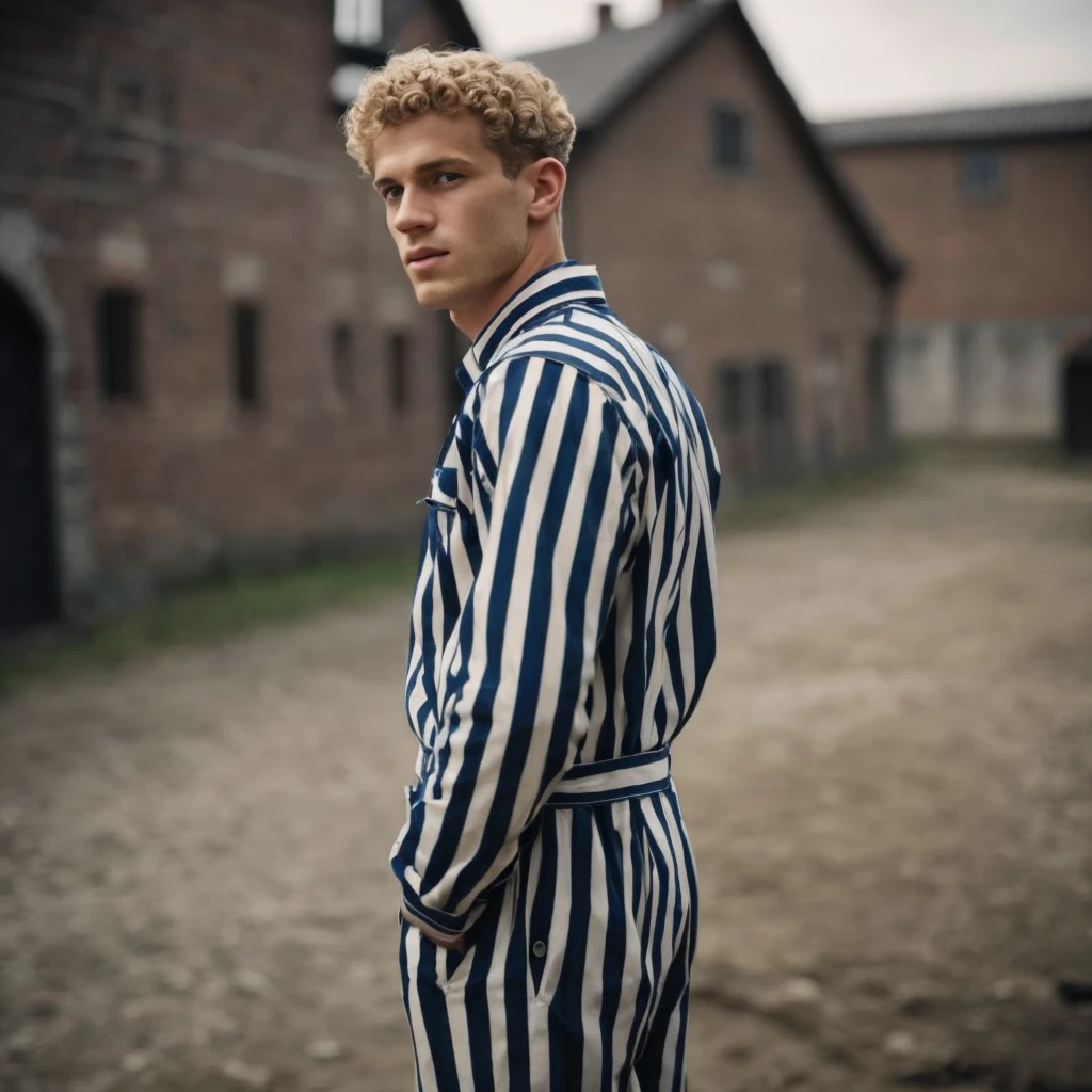 A 20 year old German-Jewish Auschwitz inmate man with short blonde tight-curly hair, blue eyes, a handsome face, pale skin, skinny arms, Thick Meaty Thighs, A Massive Ginormous Emphasized Buttocks. He is wearing a Jewish Prisoner Jumpsuit, With Vertical Stripes. The man is a Jewish prisoner at Concentration Camp.
