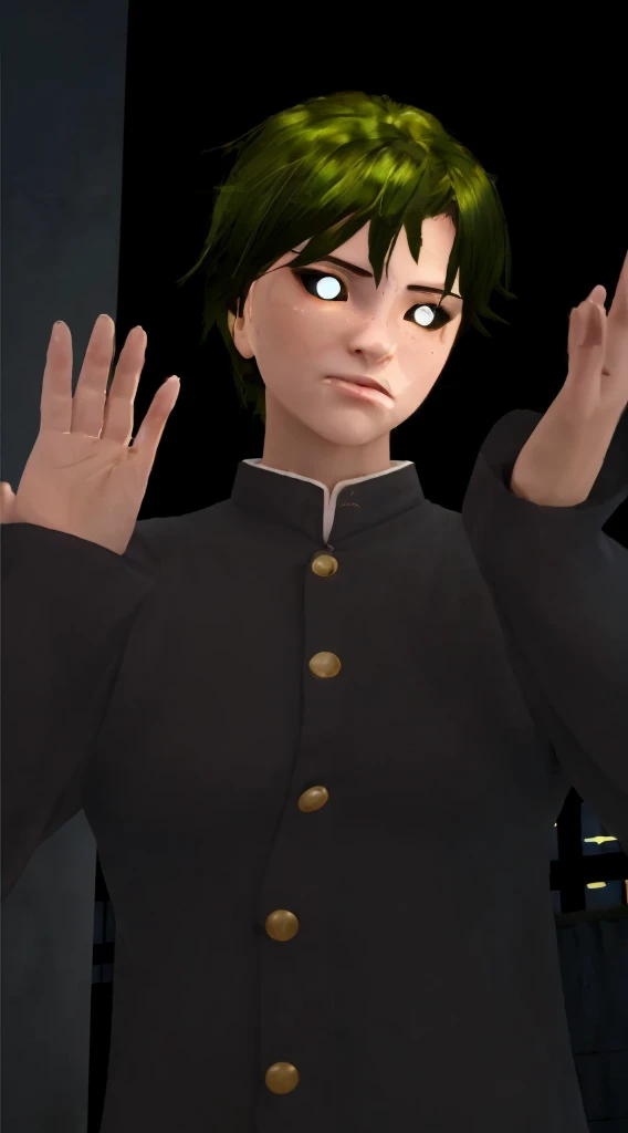 Create a realistic version of this character. The character should have a slightly mischievous expression, with realistic skin texture, lifelike eyes, and natural-looking hair with a greenish tint. The character is wearing a traditional Japanese with gold buttons, detailed with realistic fabric folds and textures. The scene should have a magical ambiance, with soft glowing particles surrounding the character and a mystical light source illuminating the character from the side. The background should be dark but with subtle, enchanted elements like faintly glowing symbols or runes to enhance the magical atmosphere.