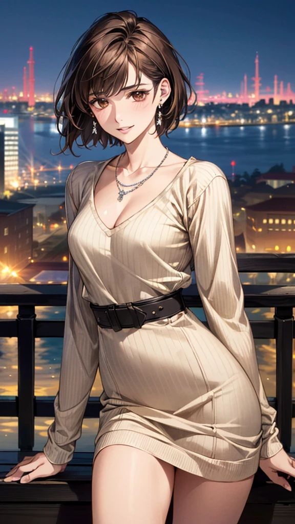 (masterpiece:1.3, Highest quality, Ultra-high resolution, Super detailed), (Realistic, photoRealistic:1.4), Beautiful illustrations, Perfect lighting, colorful, Depth of written boundary, Beautiful detailed hair, Beautifully detailed face, Beautiful fine details, Droopy eyes、Beautiful clavicle, Beautiful body, 美しいLarge Breasts, Beautiful thighs, Beautiful feet, Beautiful fingers, View Viewer、Front view:0.6, Beauty1人, Japanese, Beauty、30 years old, Perfect Face, (Perfect Anatomy, Anatomically correct), Cute and symmetrical face, Baby Face, , Shiny skin, (with thin belt、Beige long sleeve knit A-line dress:1.4) (Dark brown hair, Short Hair:1.4), Dark brown eyes, Large Breasts, Slim body, necklace, Small earrings:1.1, (Beautiful views), (night), (city, cityscape in the distance), Riverside、Are standing, A soft smile、(Smile, Lips parted),
