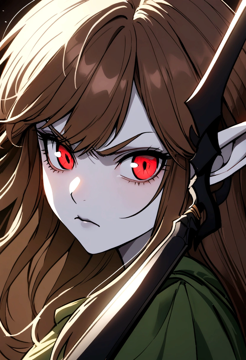 Portrait of an Young elven woman, pale skin, brown hair, green eyes, black short clothes, small, holding a magical black broadsword, with an red eye on its blade, dark fantasy, long ears, angry, bladedancer