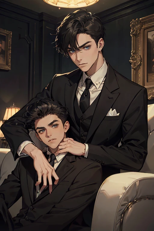 ((One young man with a black suit and tie)), alejandro, (((one side swept dark short neat hair))), ( green eyes and thick eyebrows), ((20 years old)), ((masterpiece)), ((cinematic lighting)), relax look and smirk, waiting for someone